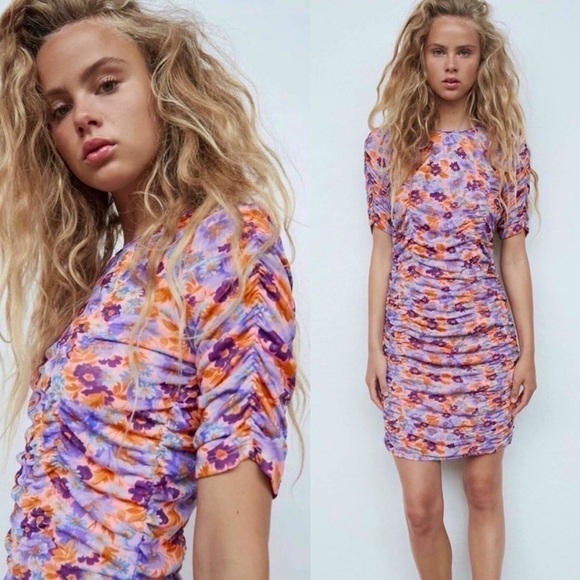 Zara Dresses & Skirts - NEW ZARA Floral Ruched Mini Dress Size XS | Purple Orange Retro